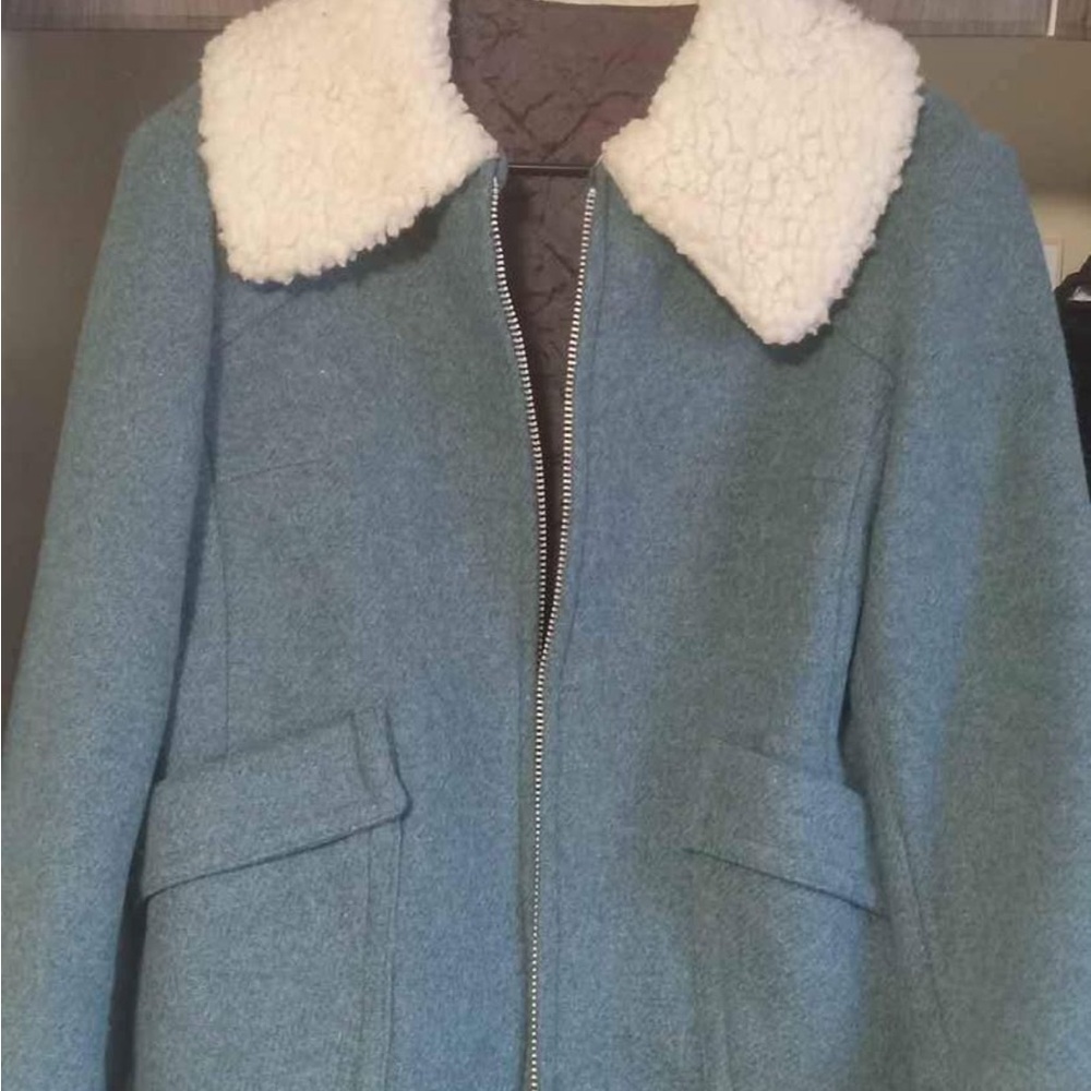 Women's Blue Shearling Collar Coat